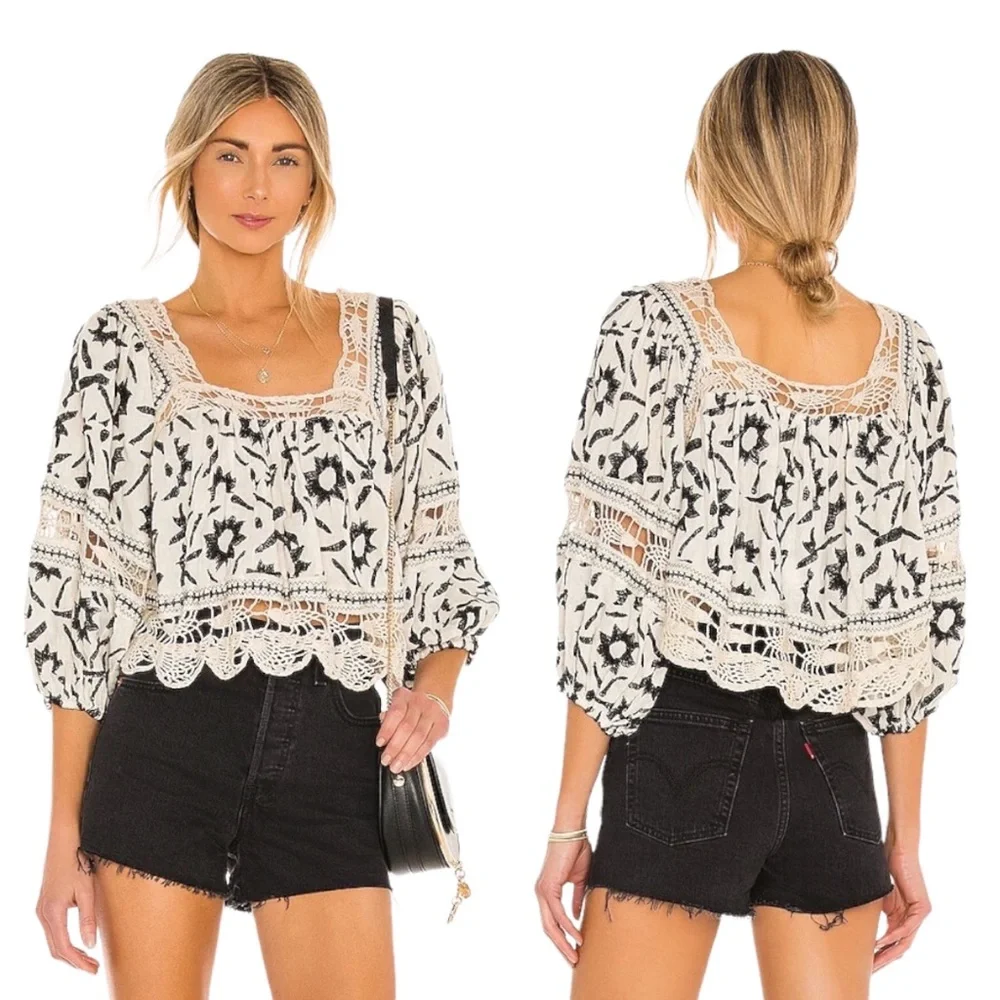 Free People Soleil Cotton Embroidery Crochet Trim Boho Top - Picture 16 of 16